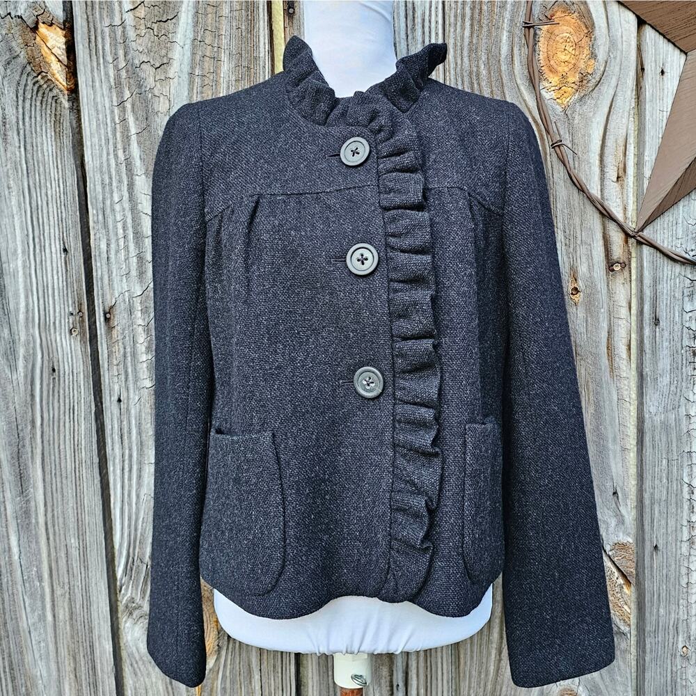 Tweed Ruffle Front Blazer Dark Charcoal Wool Jacket J. CREW Fiona Size 6 Pockets
